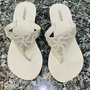 Olivia Miller Light Gray Wedge Sandals with Rhinestone Embellishments Size 9